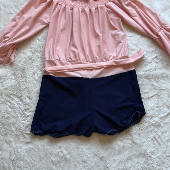 Studio 1000 Off-Shoulder Romper – Size S | Smocked Pink Top & Navy Shorts | - Picture 3 of 6